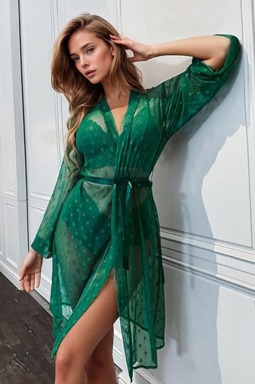 French Dot Mesh Bridal Robe and Bra Set