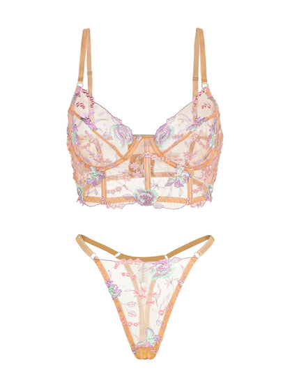 Champagne Floral Sexy Sheer Embroidered Lingerie Set